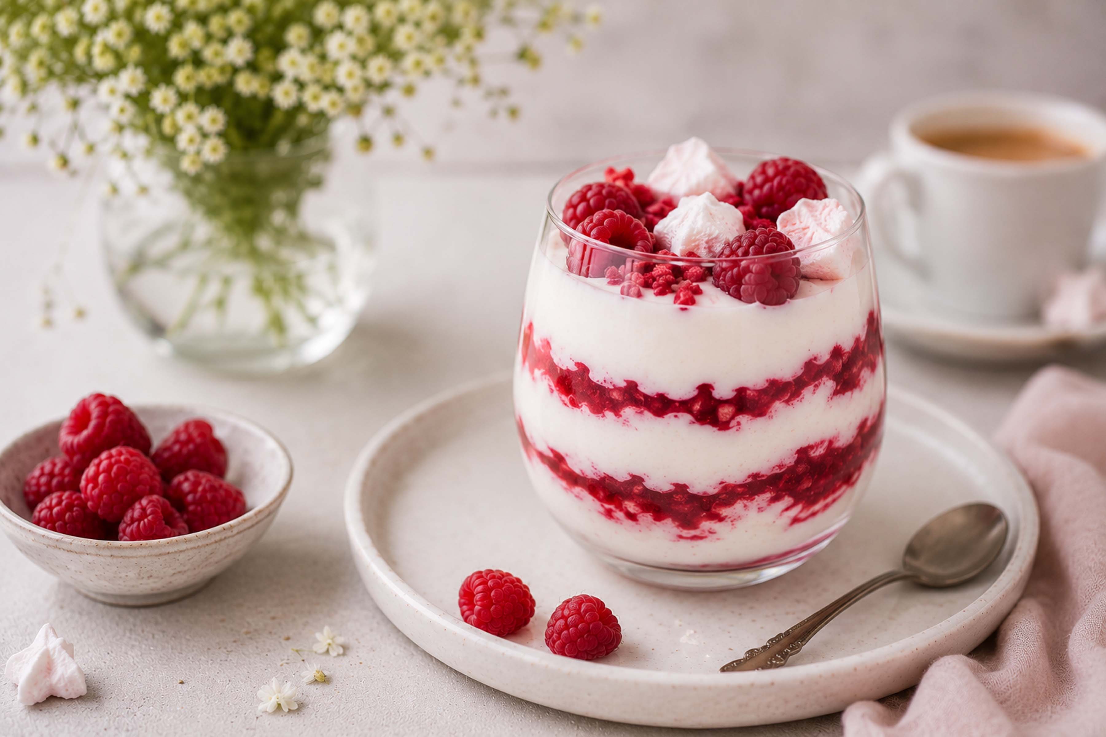 Десерт с малиной и зефиром