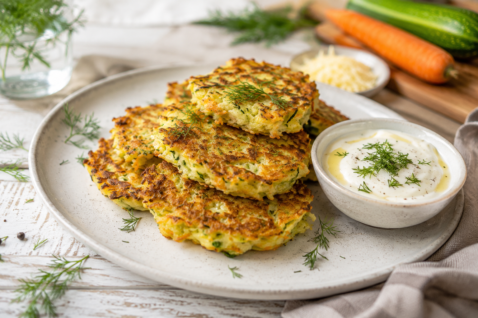 Овощные оладьи с сырным соусом