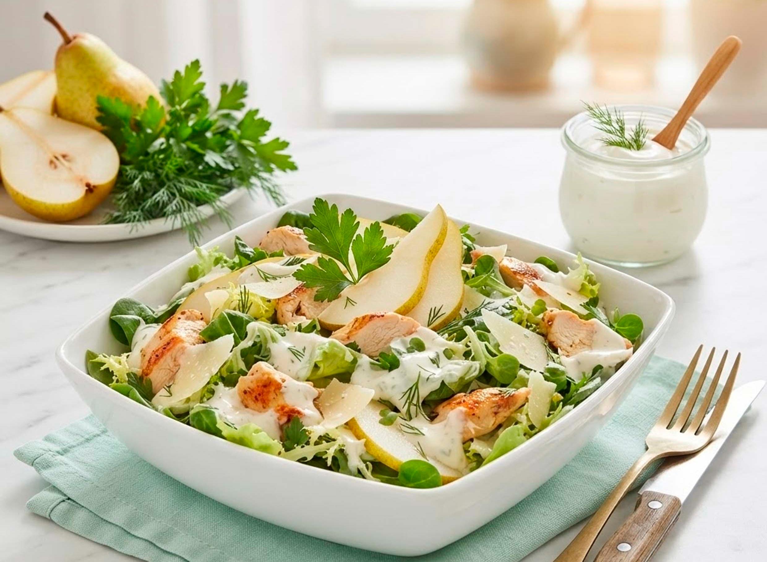 Летний салат с курицей, грушей и сыром