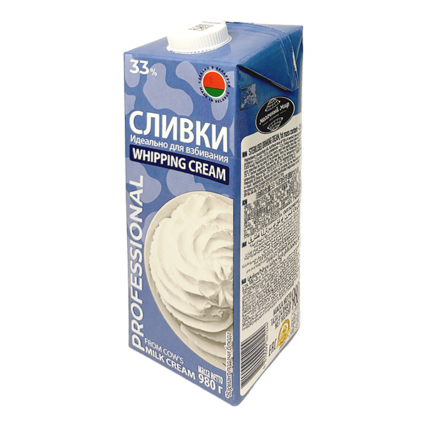 Сливки питьевые стерилизованные, 33%, ТМ Молочный мир (980 мл)